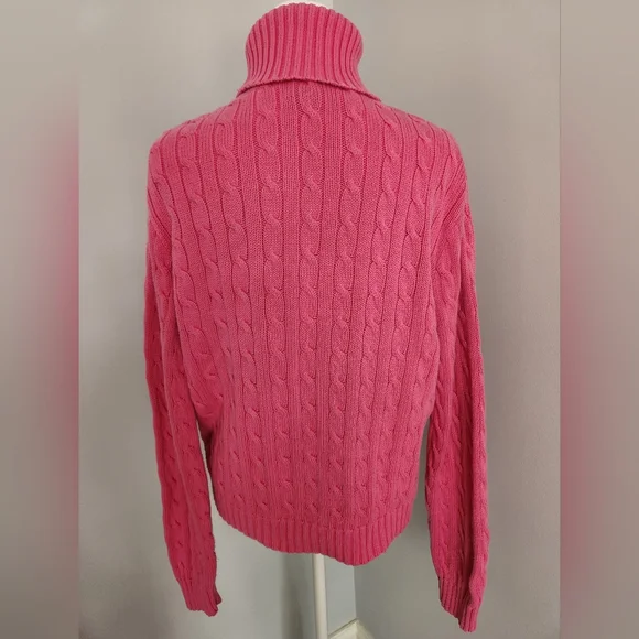 Ralph Lauren Sport Cable-Knit Turtleneck Sweater in Pink W/ Green Logo XL - Picture 9 of 13